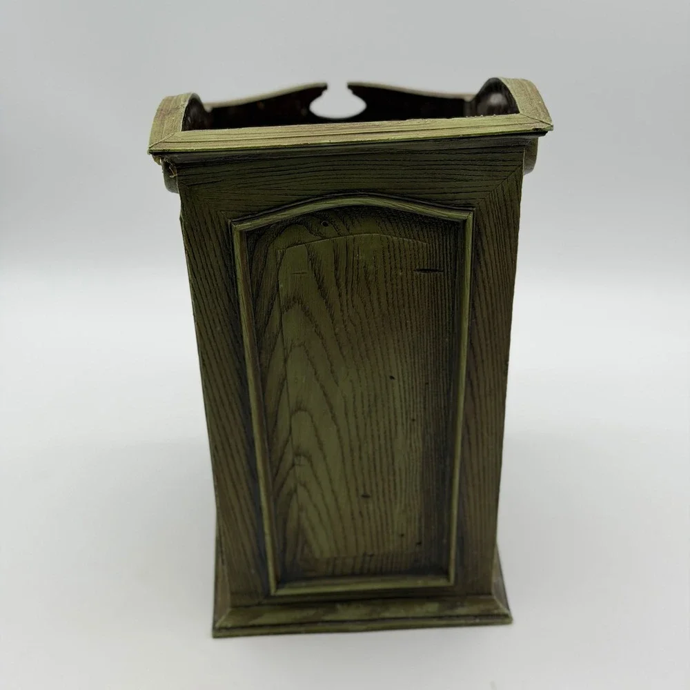 Vintage French Provincial Faux Wood Rose Floral Green MCM Trash Basket  Planter